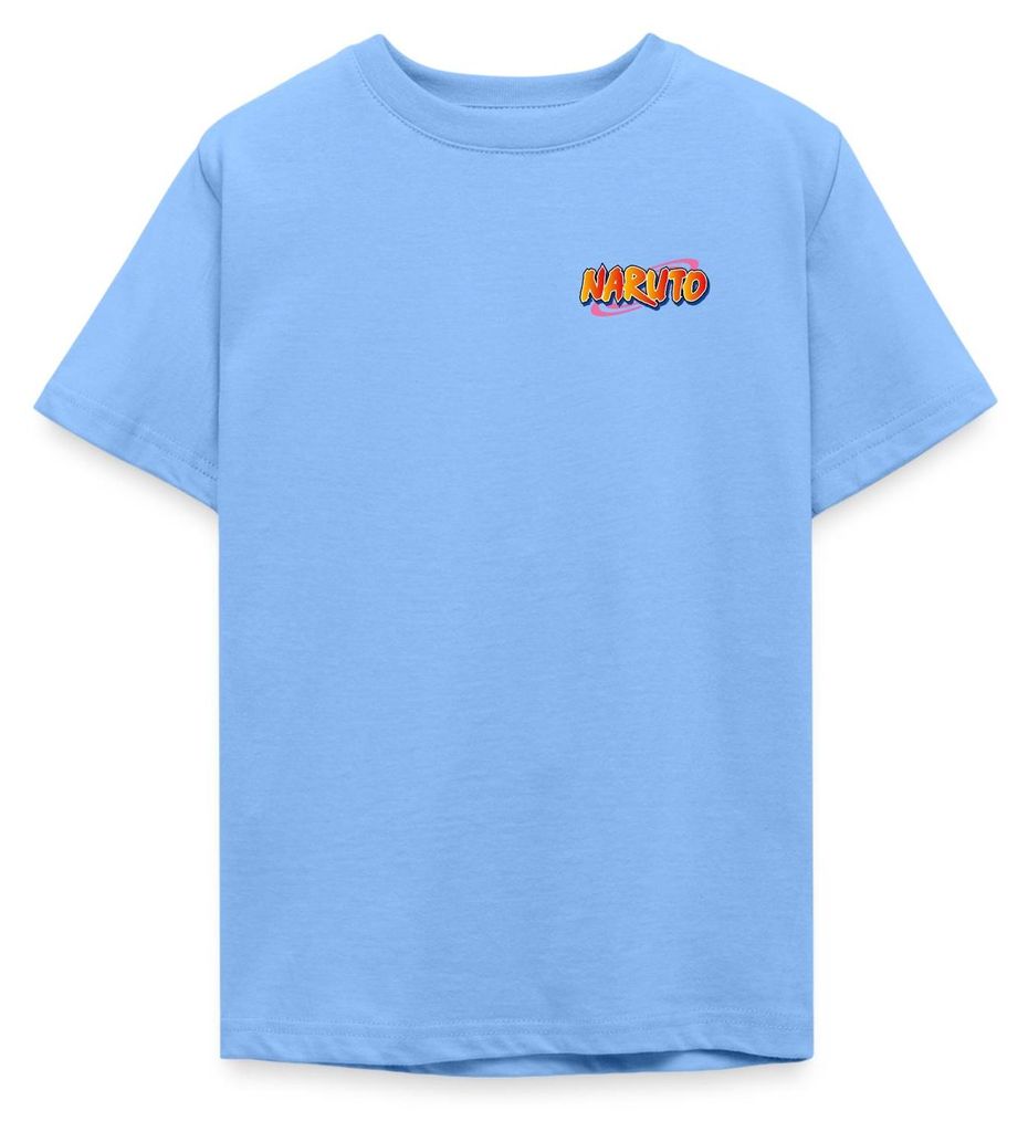 Spreadshirt Naruto Brustlogo Und Charaktere Um Naruto Teenager T-Shirt, 134/146 (9-11 Jahre), Himmelblau