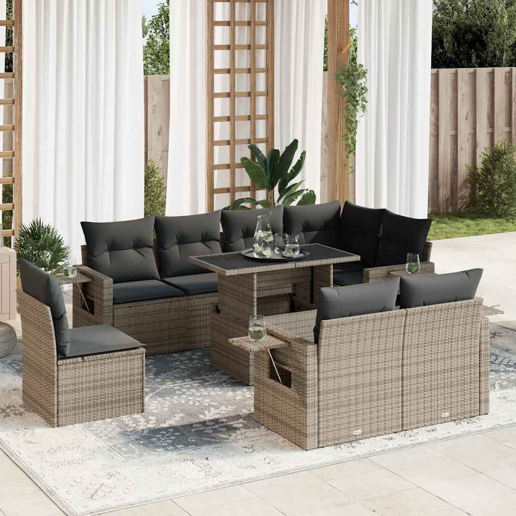 CLORIS 9-tlg. Garten-Sofagarnitur mit Kissen Grau Poly Rattan - Gartenmöbelgarnituren 639