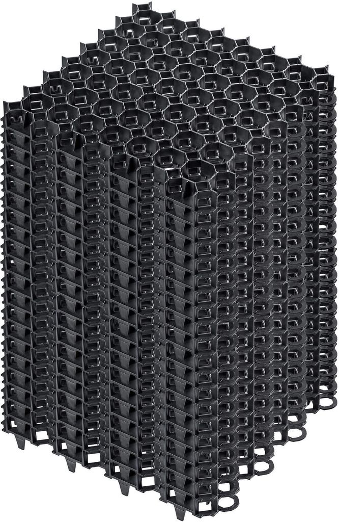 A stack of black plastic grid modules for landscaping or ground stabilization.