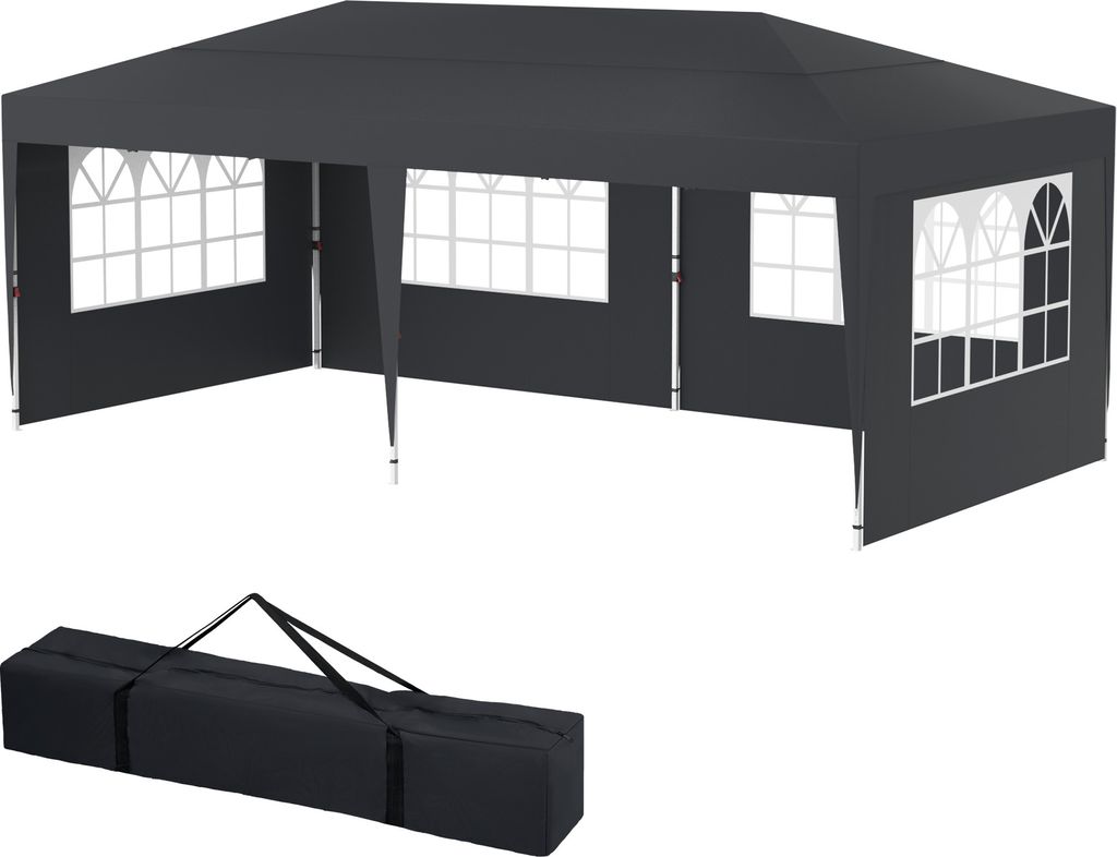 A dark gray pop-up canopy tent with windows and a black carrying bag shown below it, all on a white background.