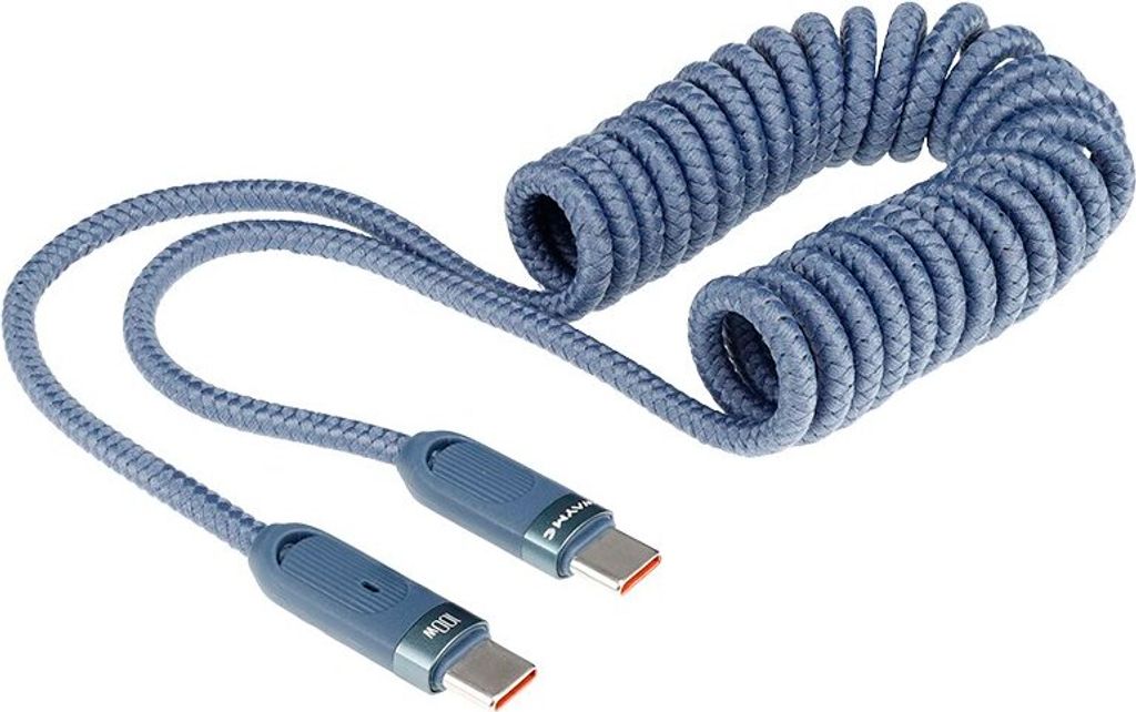 WAYME Lade- und Synchronisationskabel, Mikrofaser geflochten, Spirale, 50 - 180 cm, USB-C > USB-C, max 100W, blau