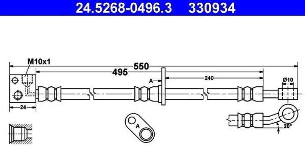 ATE 24.5268-0496.3 Bremsschlauch Vorne Rechts für HONDA Jazz II Schrägheck (GD, GE3, GE2) Jazz III Schrägheck (GE, GG, GP, ZA) Jazz Limousine (GD)