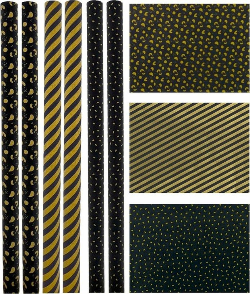 Öko-Kraft-Geschenkpapier – Geschenkpapier Schwarz und Gold – 70 cm x 2 Meter – 6 Rollen