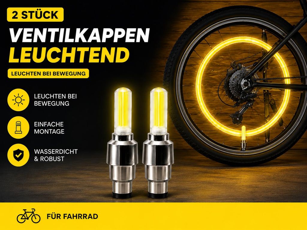 2 Stück LED Ventilkappen Gelb – Leuchtende Fahrrad Produktbild  KI-generiertes Bild