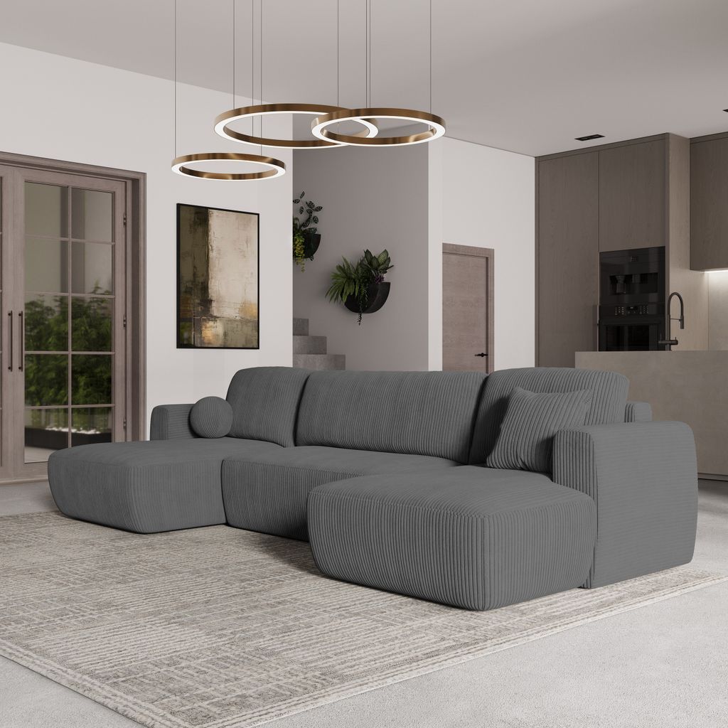 Masseno Ecksofa SENTUM P mit Schlaffunktion U-Form, Sofa mit Bettkasten, Wohnzimmersofa, Couch, Soffa, Bettsofa, Couchgarnitur- Grau, POSO 60