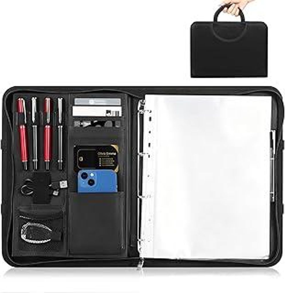 Schreibmappe A4, Arbeitsmappe mit reißverschluss + A4 Notizblock + PVC Aktentasche,konferenzmappe für Unternehmen(Schwarz)