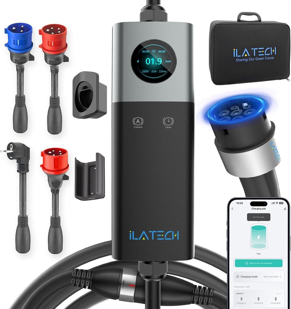 Mobile Wallbox 22kW WiFi mit Typ 2 Ladekabel 5M Adapter Produktbild 