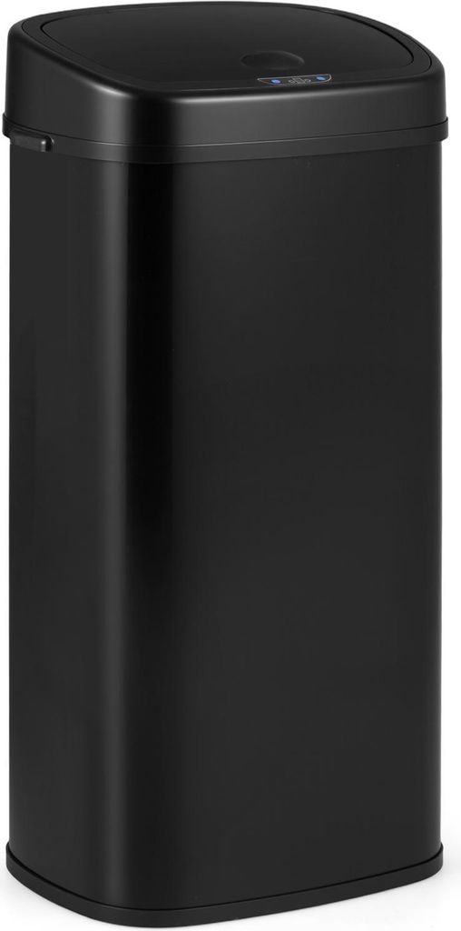 A black, rectangular sensor trash can with a black lid.
