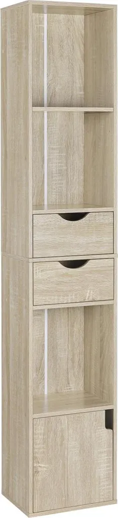 Étagère de Rangement Fine 6 Niveaux en Bois Chêne avec Tiroirs Pratiques