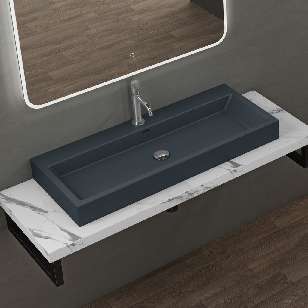 doporro Design Aufsatzwaschbecken Hängewaschbecken Waschbecken Matt Anthrazit BTH 100x42x10 cm Waschtisch aus Mineralguss Colossum06