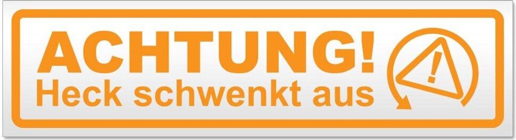 Kiwistar - Autoaufkleber - Orange - 30 x 8 cm - Achtung Heck schwenkt aus - Hinweis Aufkleber Sticker für Auto, Kfz, Fahrrad, PKW, LKW