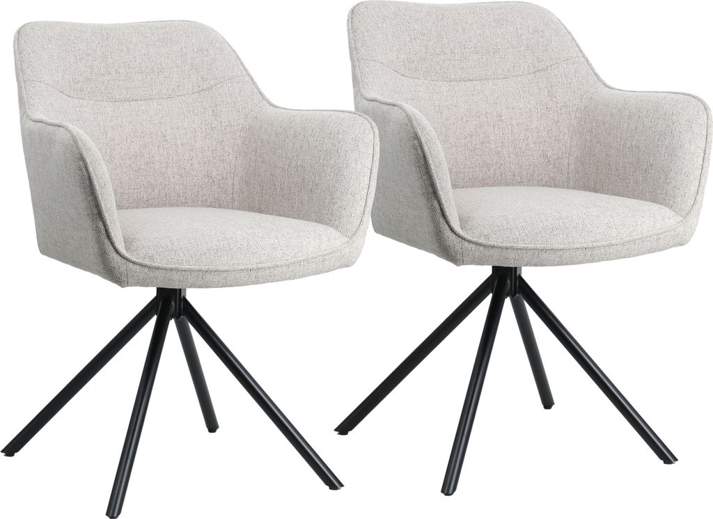 Two gray fabric chairs with black metal legs on a white background.