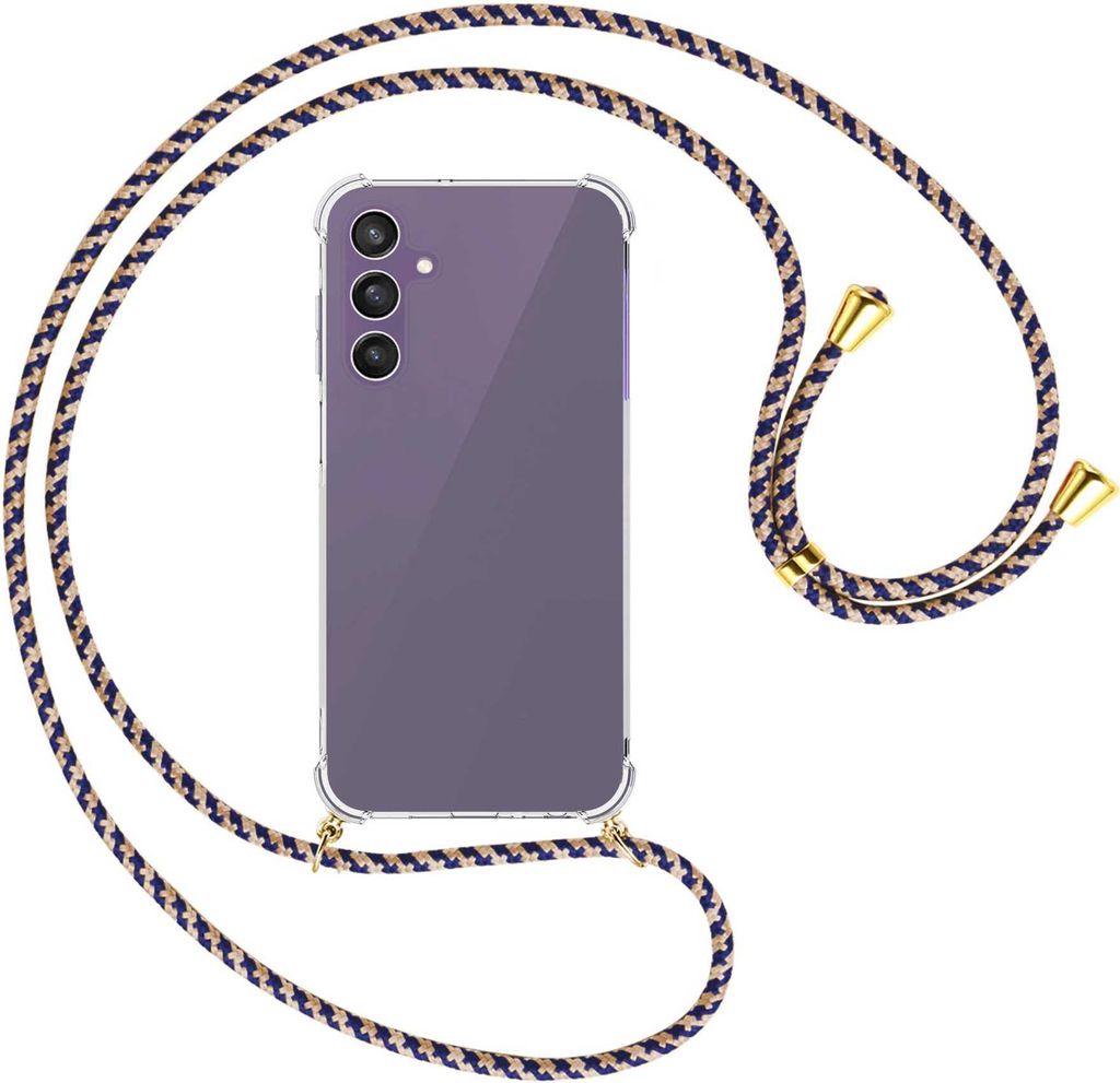 Handykette Backcover-Schutzhülle mit Band (Metall goldfarben) für Samsung Galaxy A25 5G - blau+beige