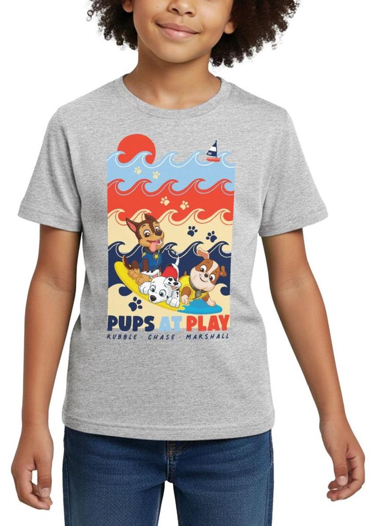 Spreadshirt Paw Patrol 'Pups At Play' Rubble Chase Marshall Kinder T-Shirt, 98/104 (3-4 Jahre), Grau meliert