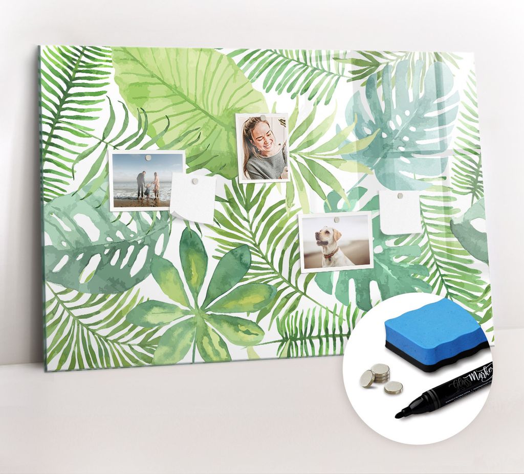 Magnetpinnwand Memoboard - Zubehörsatz - Schwarzer Marker + Schwamm + Magnete - 90 x 60 cm - Tropische Blätter