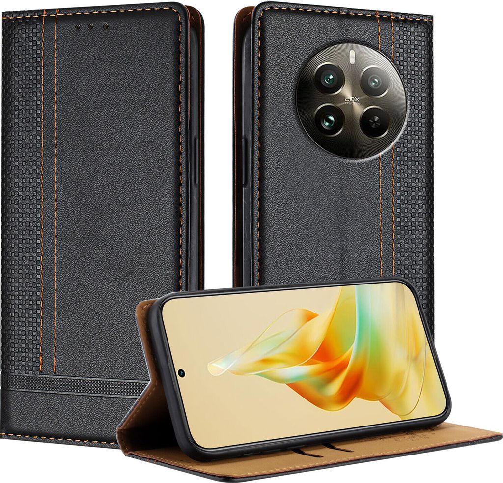 Handyhülle für Realme 12 Pro Leder Flip Klappbare Schutzhülle mit Standfunktion Schwarz