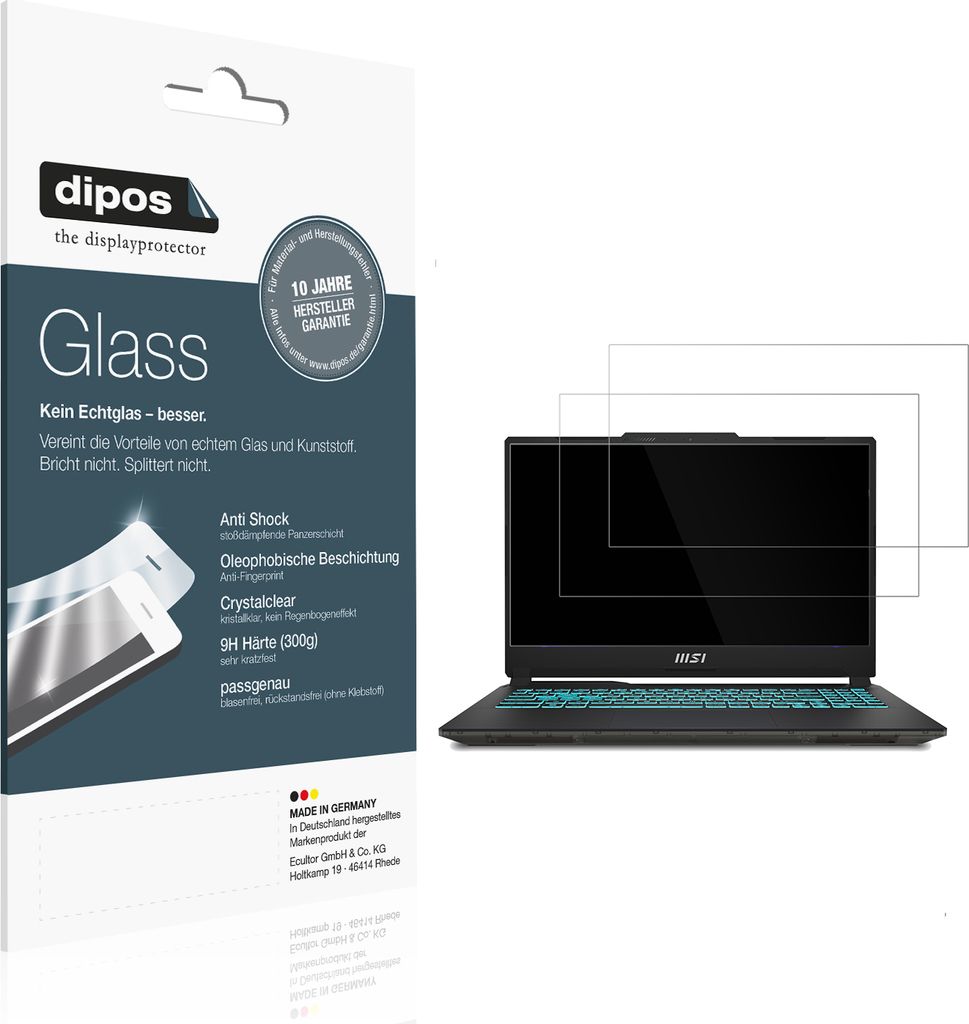 2x Schutzfolie für MSI Cyborg 15 Gaming Laptop - Anti-Shock 9H Folie dipos Glass Kunststoffglas