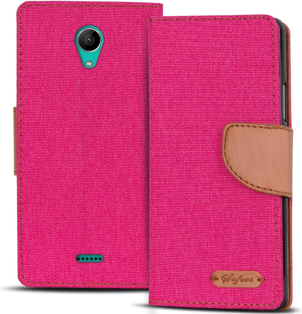 Conie Jeans Style Klapp Tasche für Wiko Freddy Kartenfach Hülle Rundumschutz in Pink