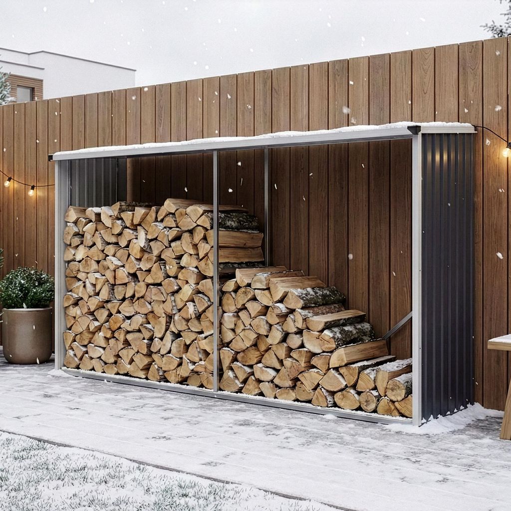 A firewood storage shed filled with logs, set in a snowy outdoor environment with a wooden fence and string lights.
