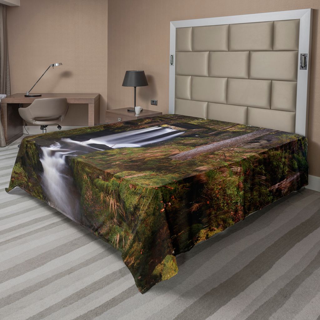 ABAKUHAUS Wasserfall Bettlaken, Magischer Wasserfall Unter Alter Holzbrücke Im Exotischen Natur Waldthema, weiches bequemes oberes Bettlaken für ...