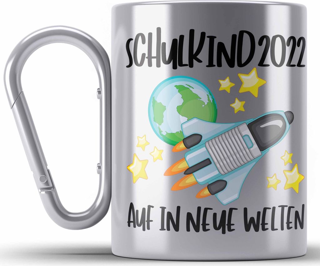 Trendation - Schulkind 2022 Einschulung Mädchen Junge Geschenk Schultüte Edelstahl Tasse Karabiner Schulstart 1 Schultag Schuleinführung Schulan...