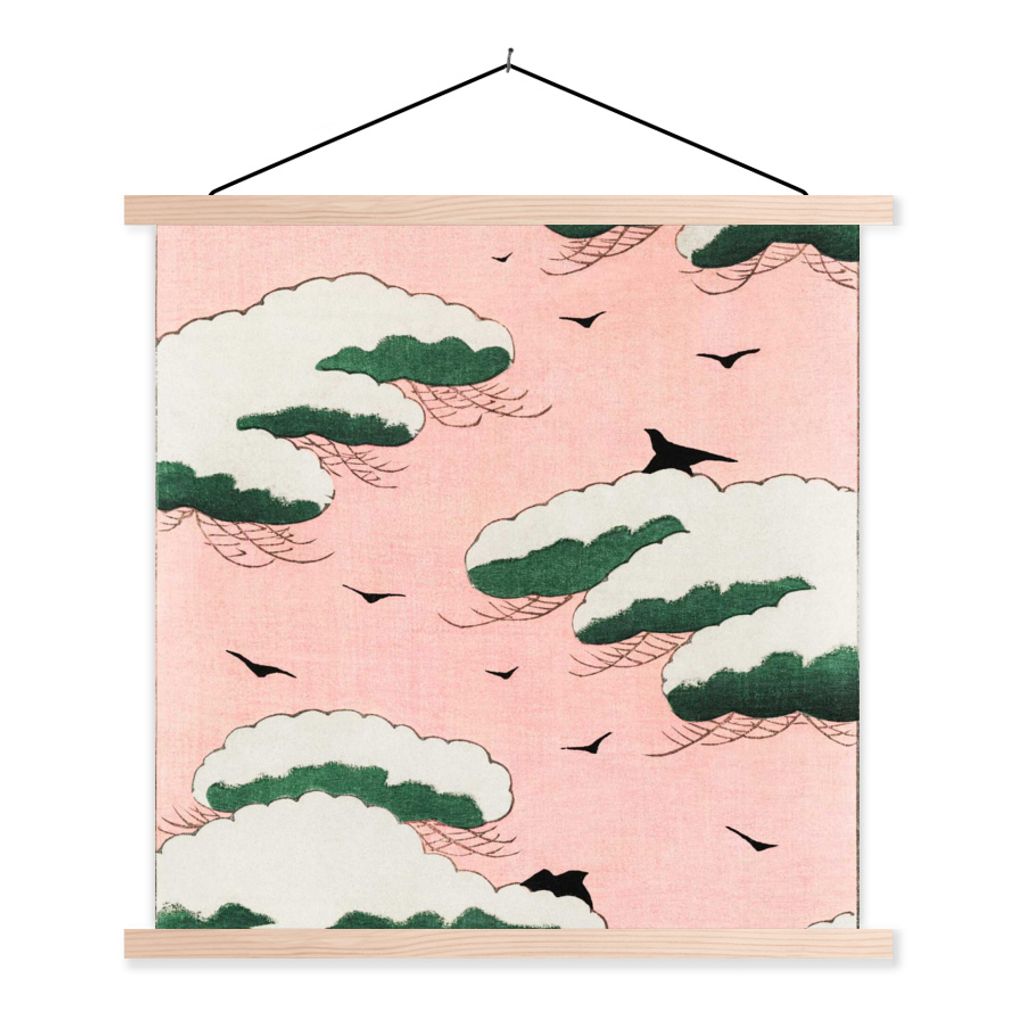 MuchoWow Textilposter Japanisch - Vogel - Wolke - Vintage 120x120 cm mit holzfarbenen Rahmen - Textil-Poster