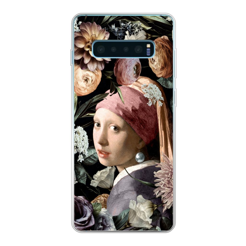 MuchoWow Handyhülle Schutzhülle Hülle für Samsung Galaxy S10 Plus Mädchen mit Perlenohrring - Blumen - Vermeer - Pastell - Kunstwerk - Gemä...
