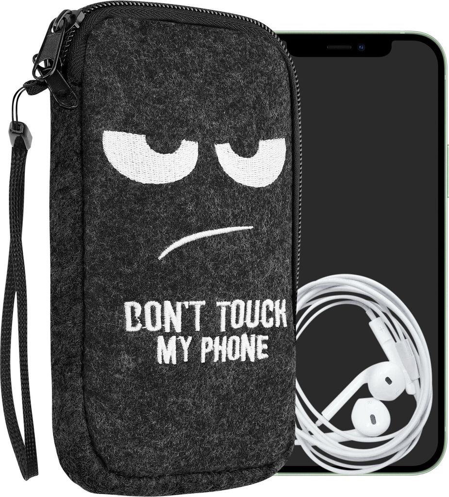 kwmobile Handytasche für Smartphones XL - 6,7/6,8" - Handy Filztasche - Don't touch my Phone Weiß Dunkelgrau - 17,2 x 8,4 cm Innenmaße