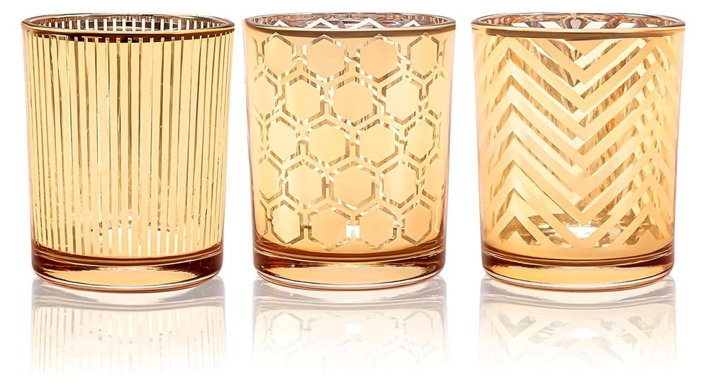 Teelichthalter Set mit 3 Stück, Goldene Glas Kerzenständer - Tischdekoration, Romantische Teelichtgläser mit Wellen-, Streifen- und Wabenmuster ...
