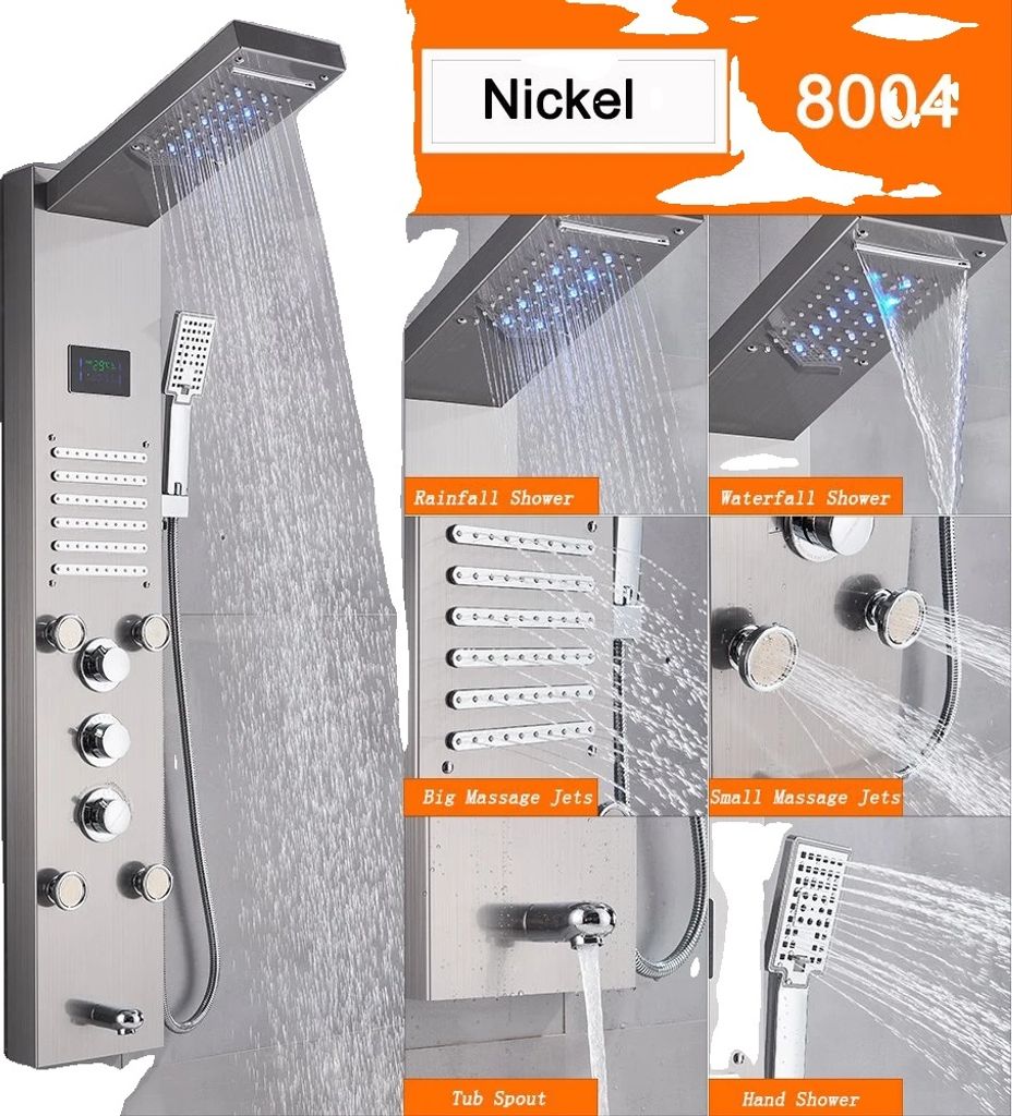 LED-Duschpaneel, langlebiger Messing-Duschkopf, höhenverstellbar, Nickel 8004