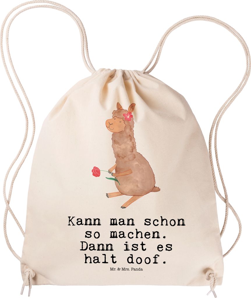 Mr. & Mrs. Panda Sportbeutel Alpaka Blume - Transparent - Geschenk, Spruch, kordelrucksack, Stoffbeutel, Jutebeutel, wander rucksack, Lama, sportta...