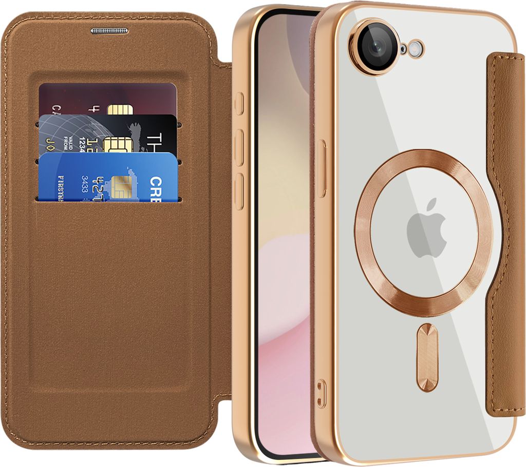 Klapphülle für iPhone 16e/iPhone 17e Kompatibel mit Magsafe, Klar Überzug Kartenhalter Ledertasche mit Kameraschutz Braun