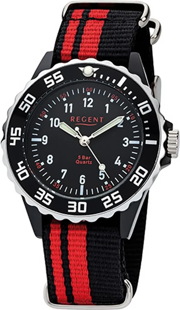 Regent F-1124 Quartz Kids Watch - Bracciale Nylon Nero Rosso D2URF1124