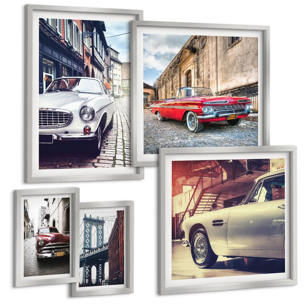 Bilder Set 5-teilig im silbergerahmten Rahmen – Wandbilder 5 Stück – gerahmte Poster für Wohnzimmer, Schlafzimmer und Flur – 50x50 cm - 40x...