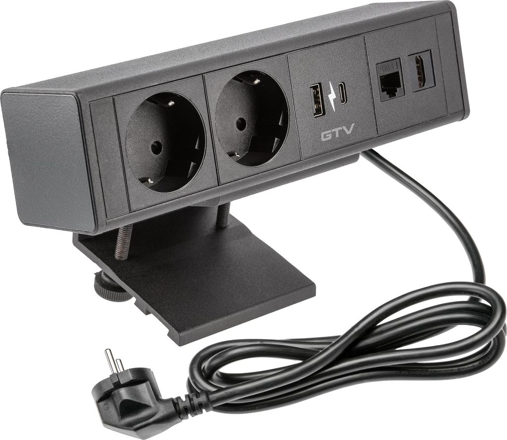 GTV - Möbelsteckdose BAR, Mehrfachsteckdosen, 2X Schuko Steckdose, 1x USB A, 1x USB C, 1x RJ45 1x HDMI, Kabellänge 1,5m, Farbe Schwarz, für Schr...