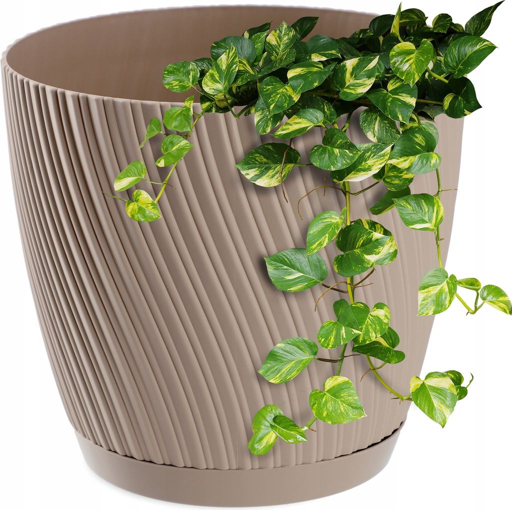 KADAX Blumentopf mit Untersetzer "Tubas", Blumenkübel, Pflanztopf aus Kunststoff, Übertopf, rund, 13 cm, Braun