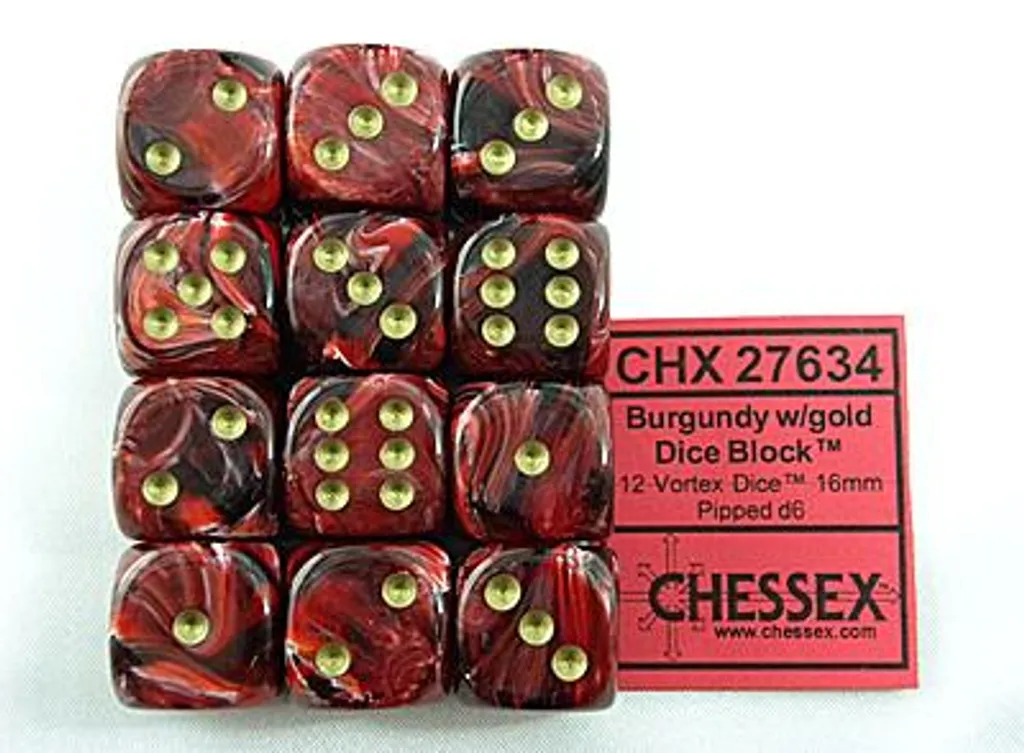 Dés D6 Chessex Vortex 16mm Bordeaux Or pour Warhammer et Jeux de Rôle