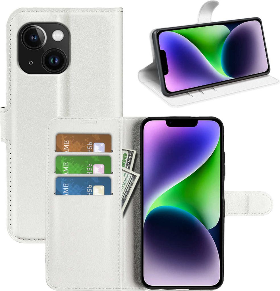Für Apple iPhone 15 Plus Smart Handy Tasche Weiß Etuis Kunst-Leder Hülle Cover Case Book