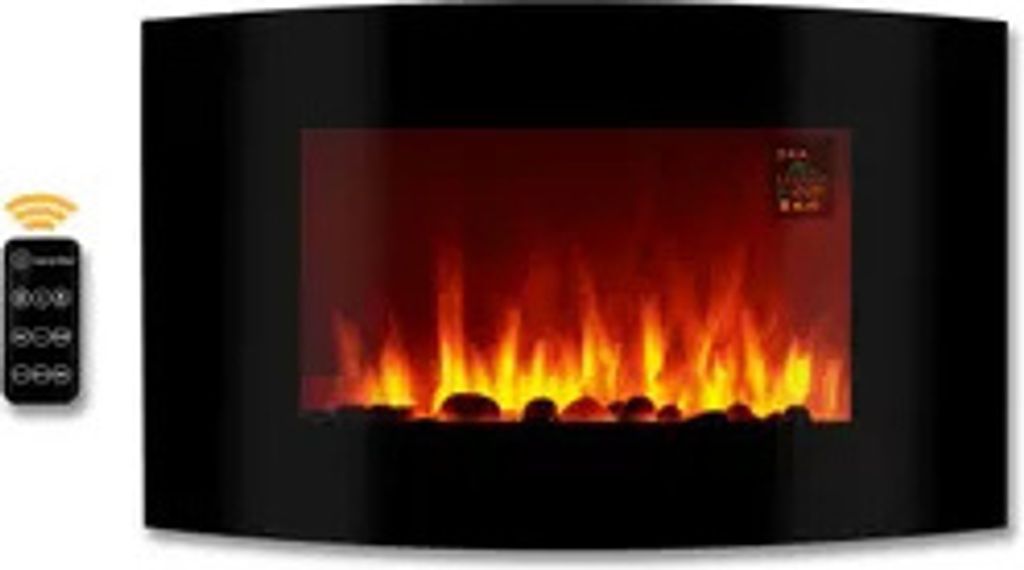 Heidenfeld Elektrokamin HF-WK100 - 1000-2000 Watt - Wandkamin mit Fernbedienung - 3D Flammeneffekt - Digitalanzeige (Curved/Steinoptik)