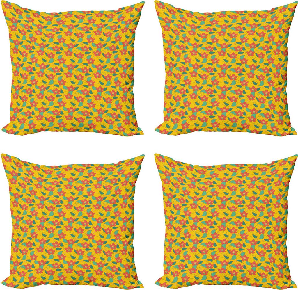 ABAKUHAUS Blumen Kissenbezug Set (4 Stück), Retro Wiese Muster, Moderner Doppelseitiger Digitaldruck, 50 cm x 50 cm, Dunkler Coral Yellow
