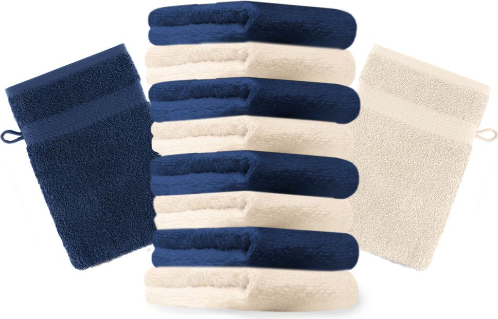Betz 10 Stück Waschhandschuhe 16x21 cm PREMIUM 100% Baumwolle Farbe: dunkelblau und beige