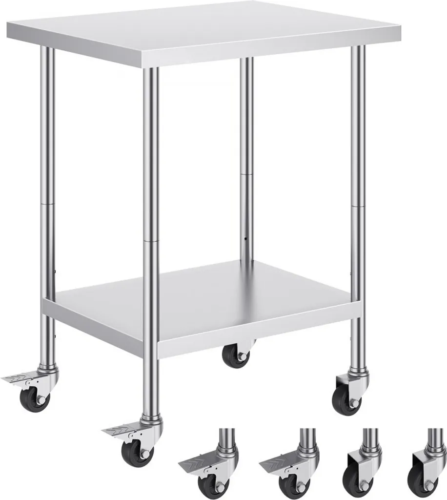Table de travail Gastro inox sur roulettes avec étagère basse 762mm