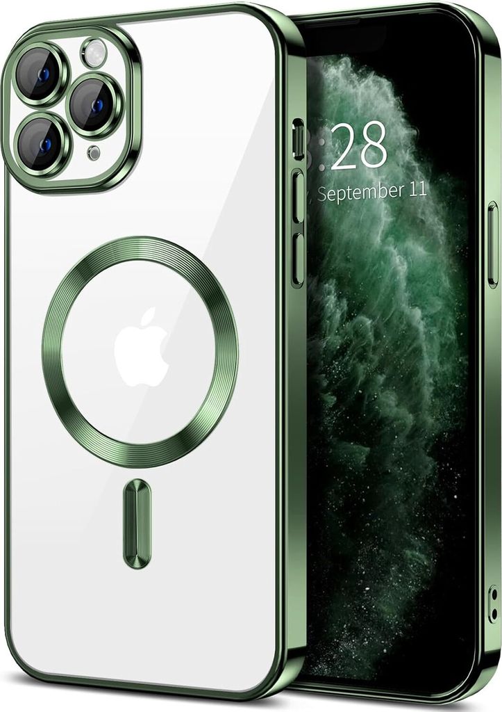 Magnetische Klar Hülle für iPhone 11 Pro Max, Kompatibel mit MagSafe, Elektroplattiert Handyhülle mit Kameraschutz Dunkelgrün