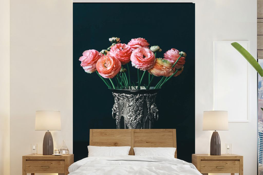 MuchoWow Fototapete für Wohnzimmer oder Schlafzimmer Wandtapete Vinyl Motivtapete Rosen - Vase - Stilleben - 225x350 cm - Schlafzimmer tapete