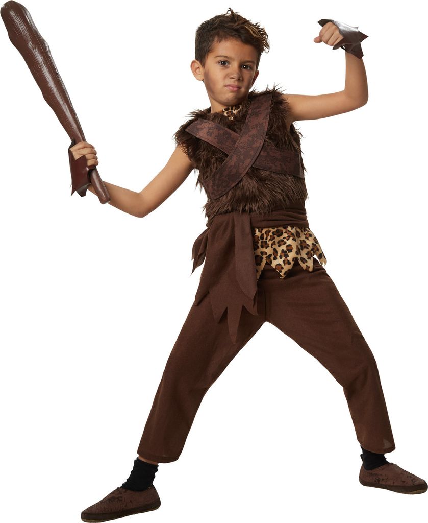 A young boy dressed in a caveman costume, holding a club.