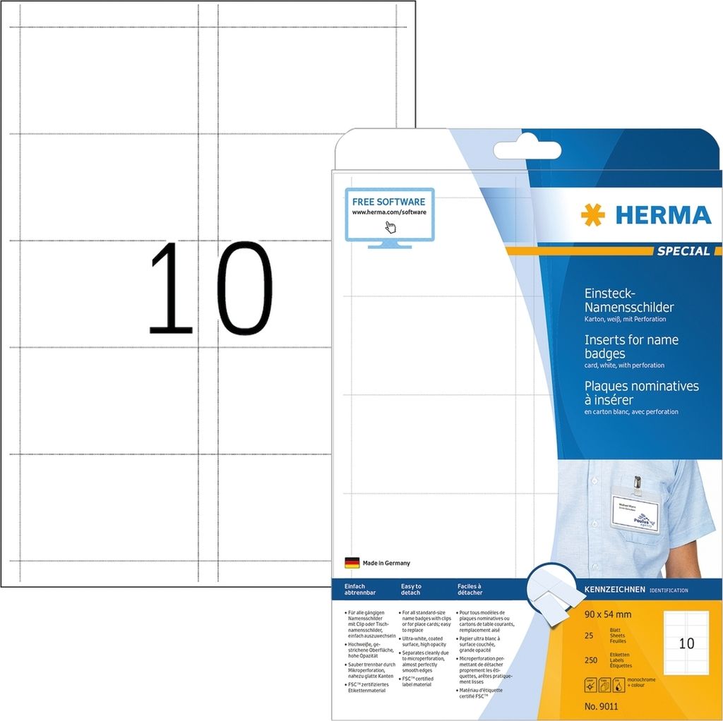Einsteck-Namensschilder A4 90x54mm 250 Stück (25 Blatt) Packung mit 32 Stück
