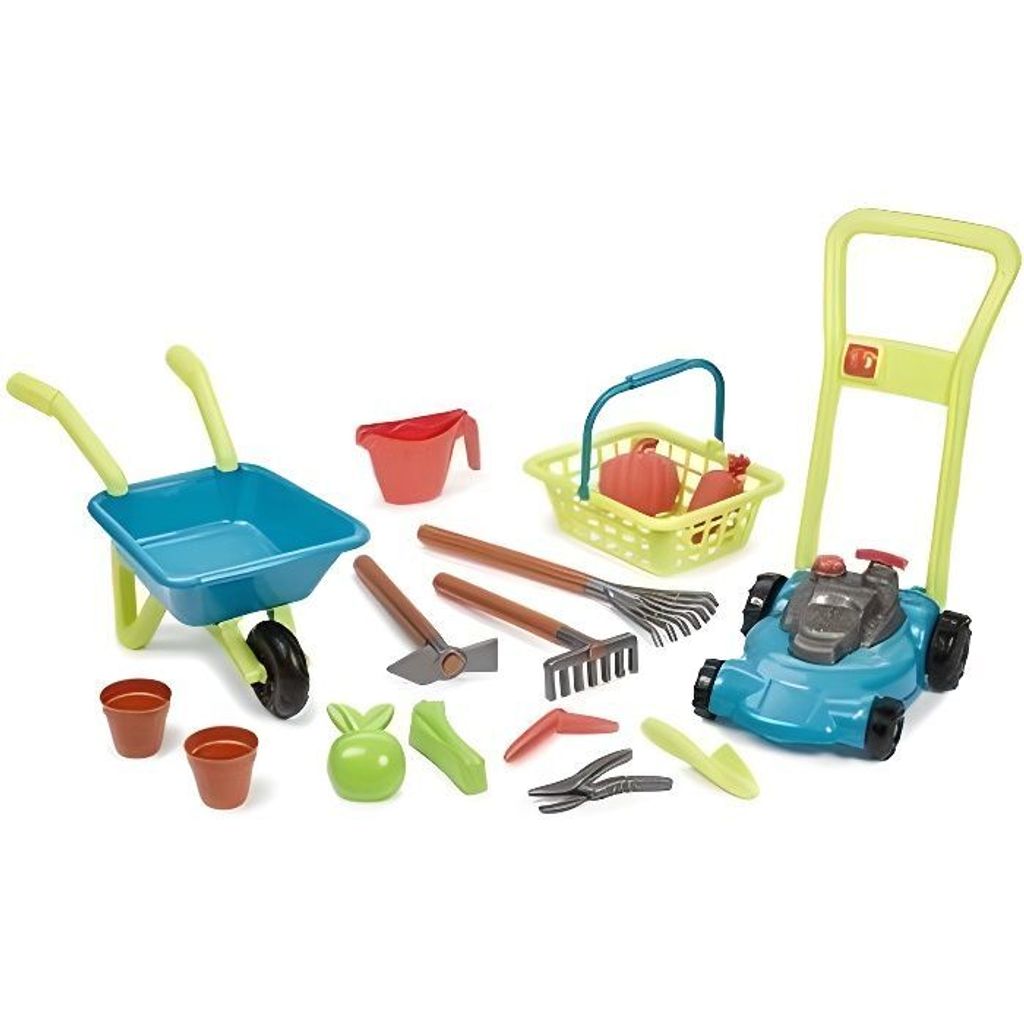 Gartenspielzeug Set, Ecoiffier Super Pack 3 in 1, Tondeuse, Gartenwerkzeug, Schubkarre, 14-teilig