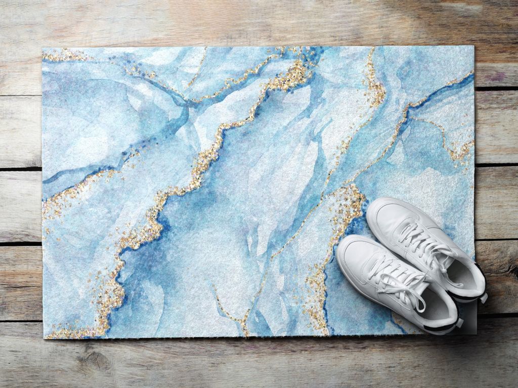 Fußmatte Aussen - Schuhmatte Haustür- Schmutzfangmatte Türvorleger - Outdoor Teppich Schmutzfänger - 90x60 cm - Blauer Marmor