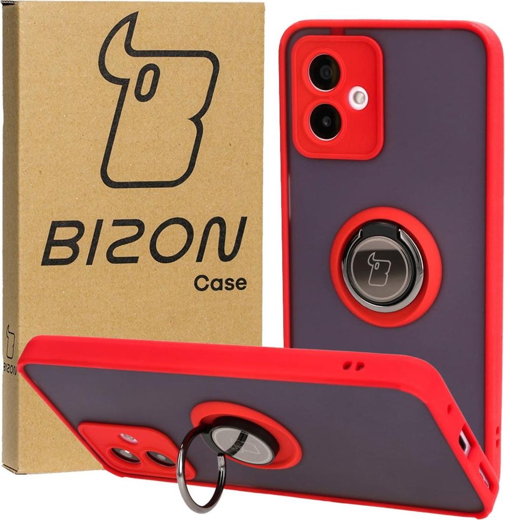 Bizon Case Hybrid Ring Fingerringhülle für Motorola Moto G14, Rauch mit rotem Rahmen