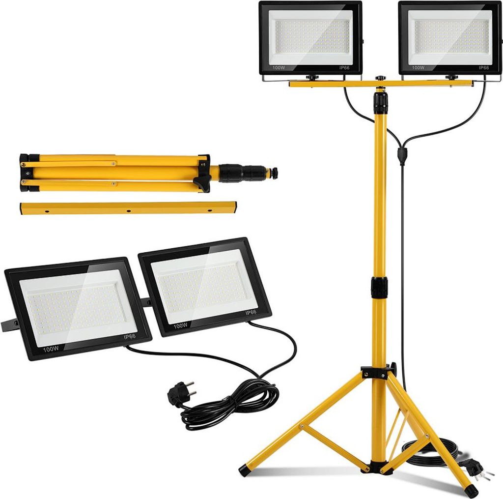 Izrielar LED Baustrahler, 2x100W Strahler 6500K Kaltweiß, Strahler Fluter mit Stativ und 3m Kabel Stecker Arbeitsleuchte für Garage Baustelle